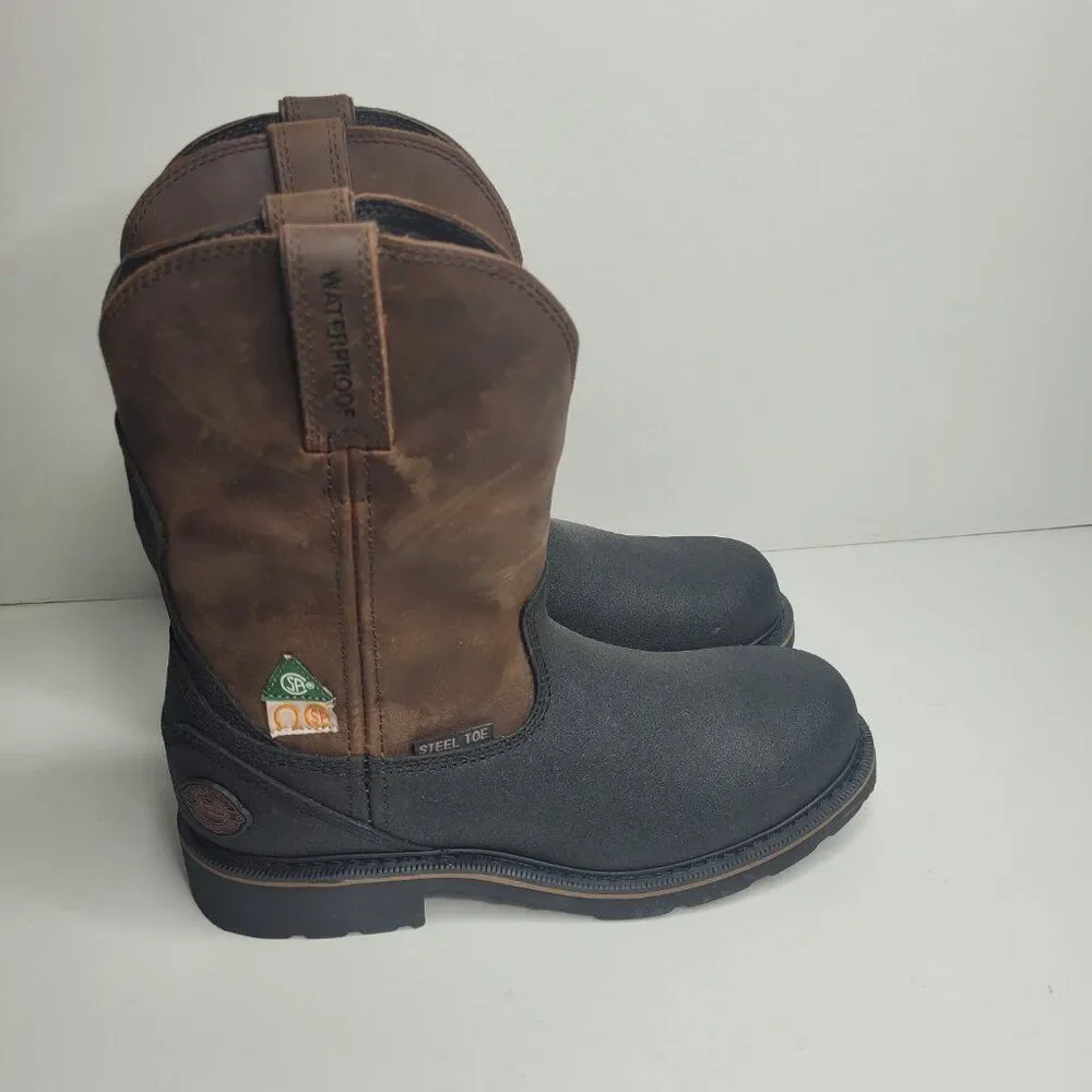 Justin boots black brown steel toe waterproof pull on work boots size 7EE NWT